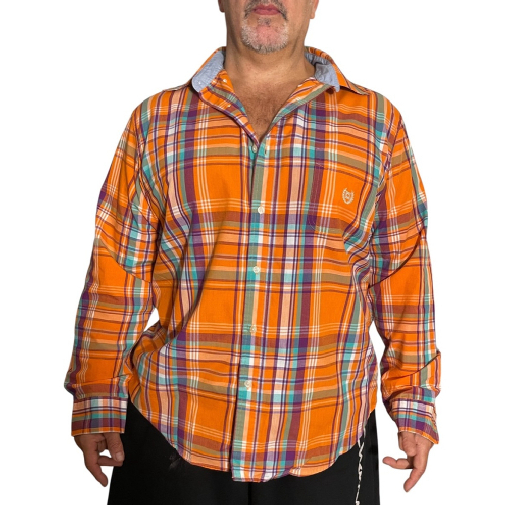 Men's Chaps XXL Orange Teal Purple Plaid Casual Button Down long sleeve Shirt